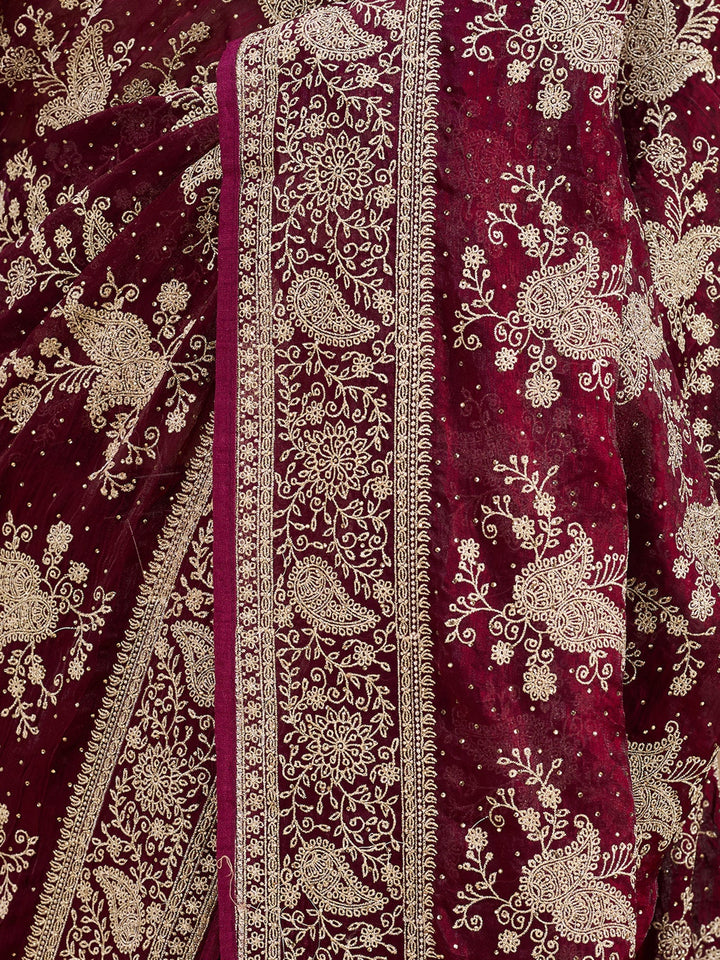 Wine Zariwork (Gold) Tissue Saree