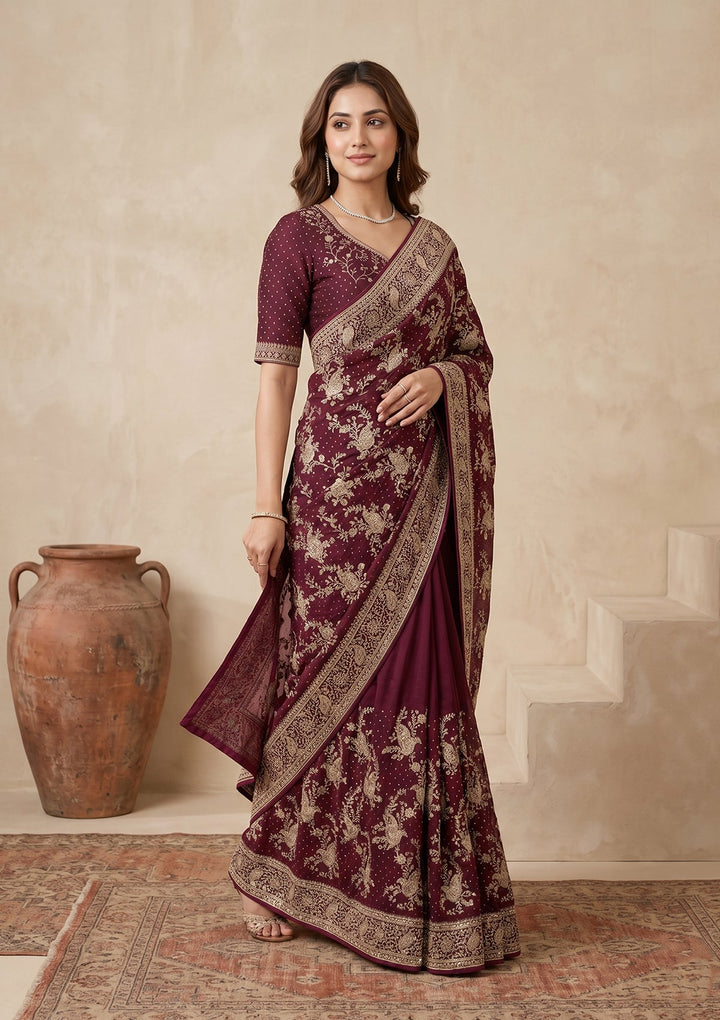 Wine Zariwork (Gold) Tissue Saree
