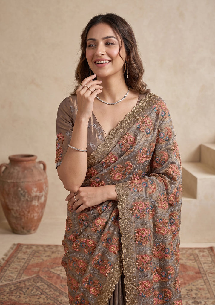 Grey Kashmiri Tissue Saree