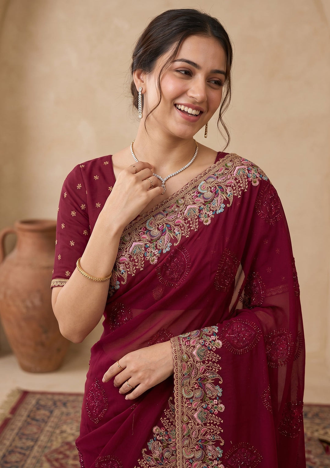 Wine Kashmiri Georgette Saree