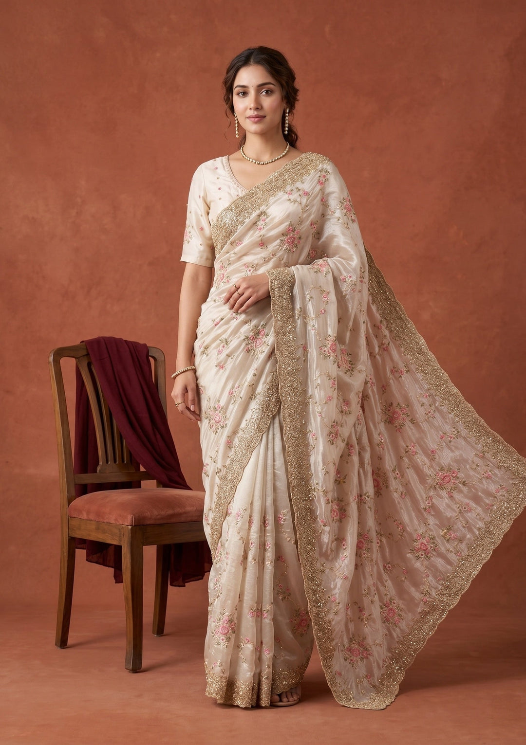 Off White Threadwork Tissue Saree