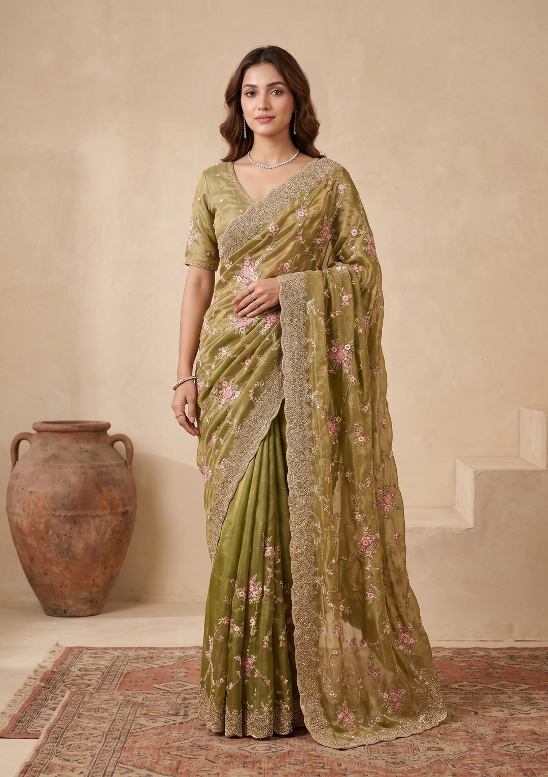 Pista Green Threadwork Tissue Saree