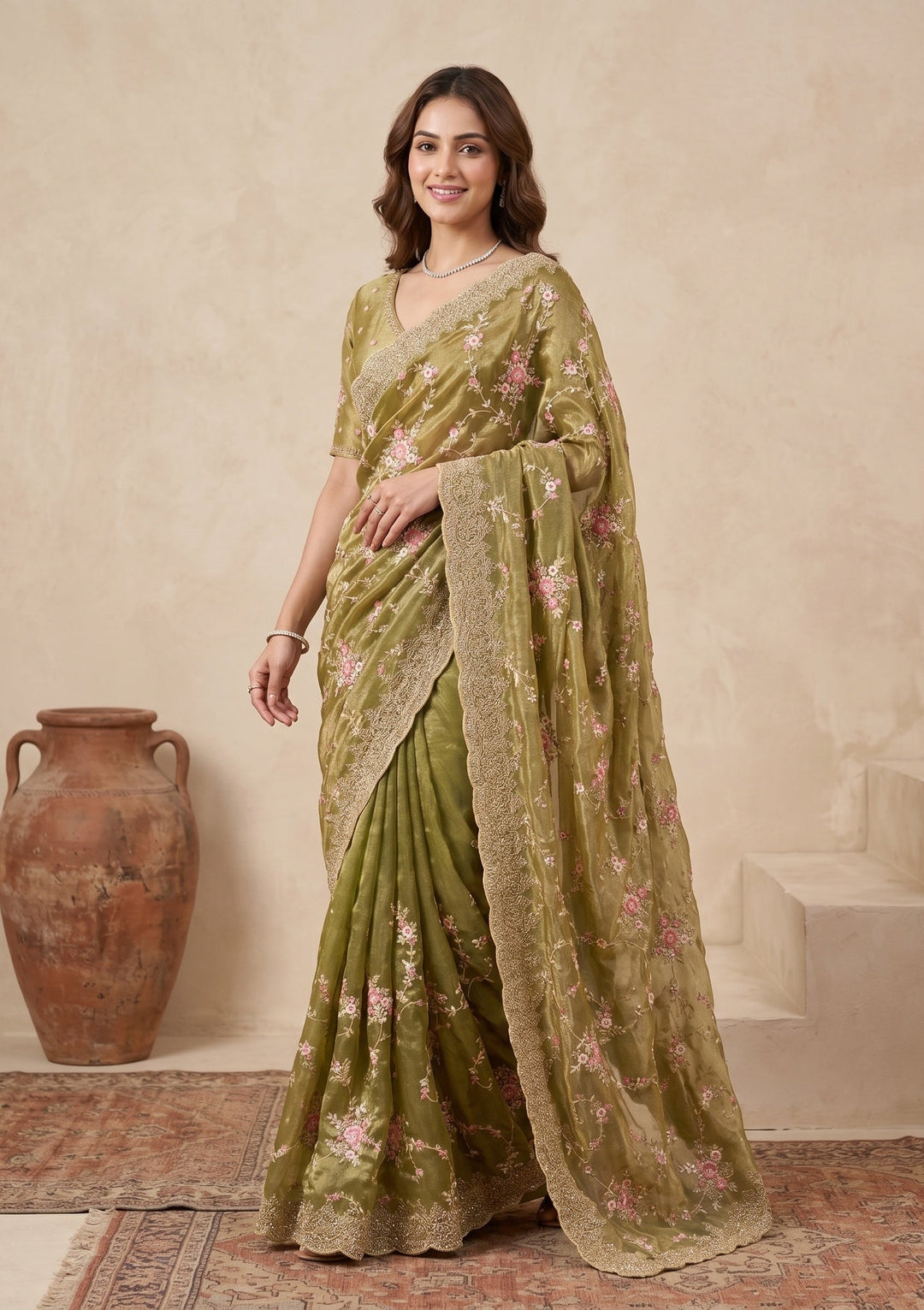 Pista Green Threadwork Tissue Saree