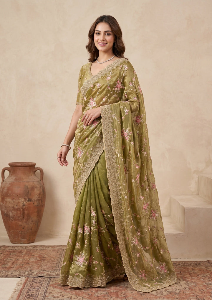Pista Green Threadwork Tissue Saree