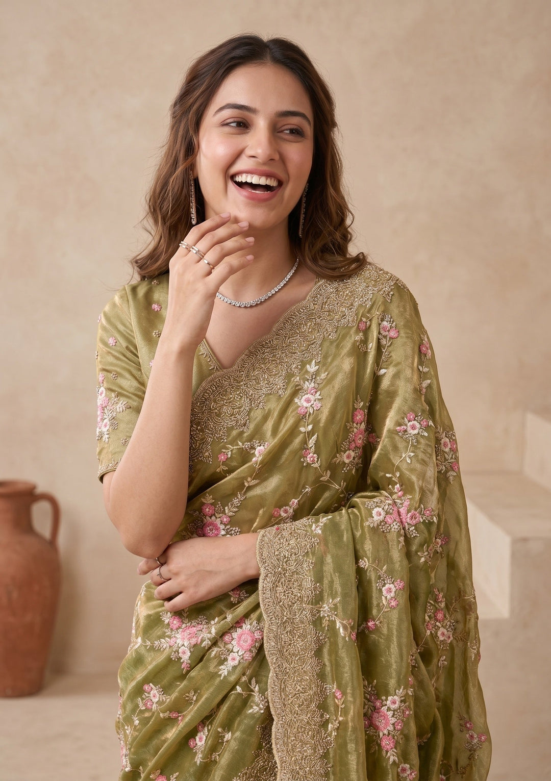 Pista Green Threadwork Tissue Saree