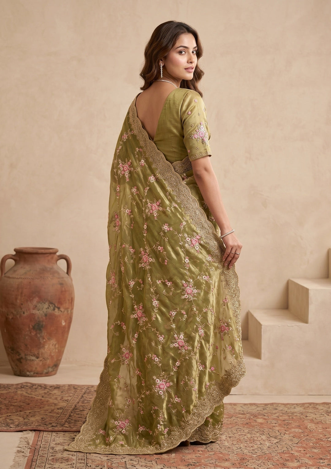 Pista Green Threadwork Tissue Saree
