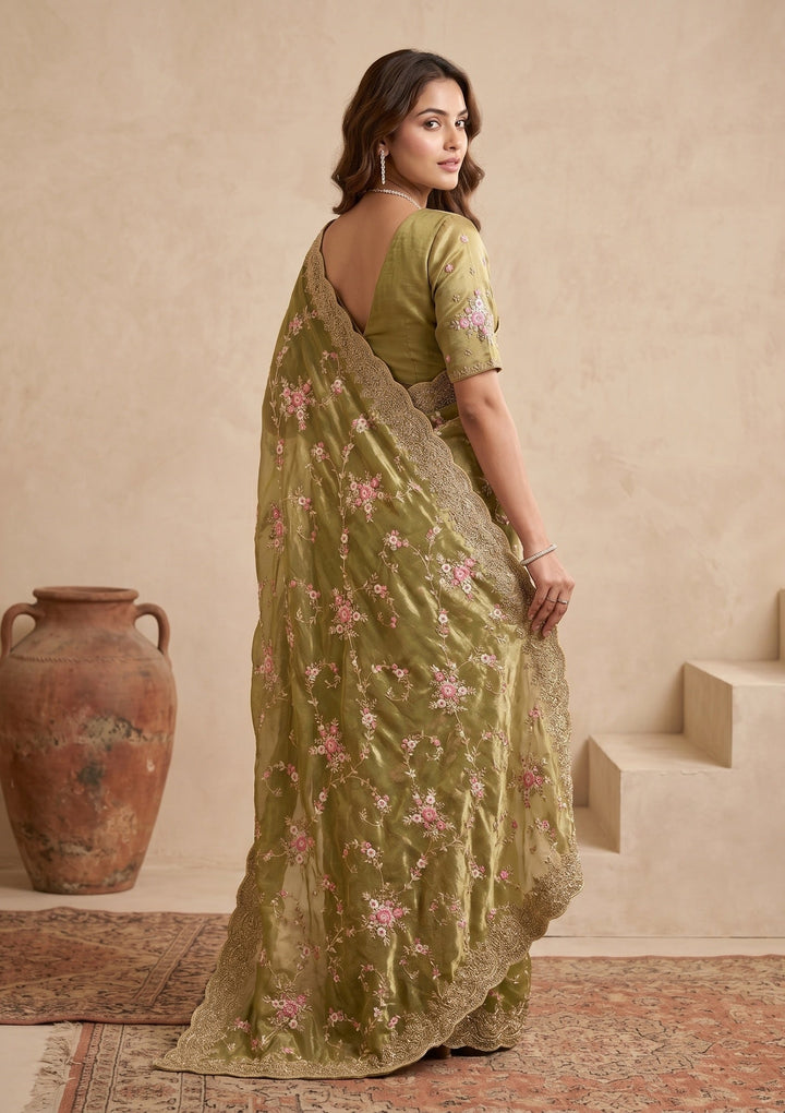 Pista Green Threadwork Tissue Saree
