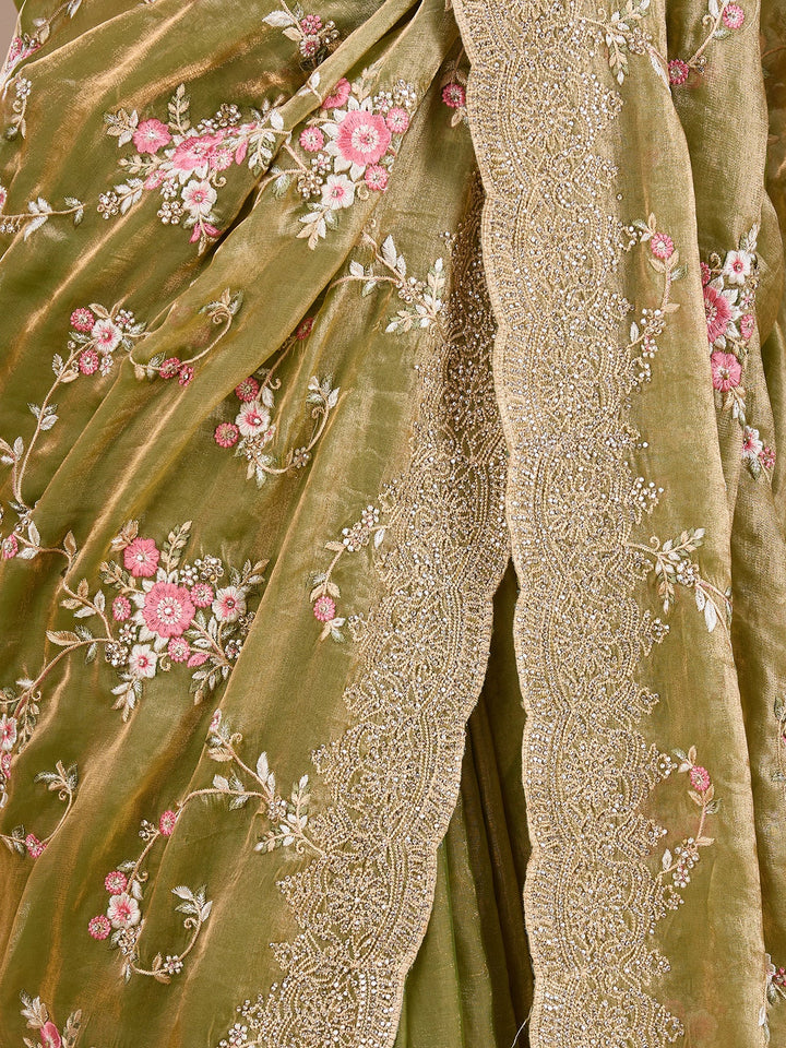 Pista Green Threadwork Tissue Saree