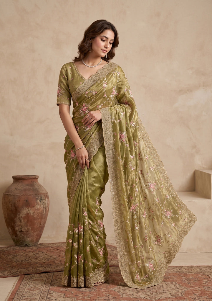 Pista Green Threadwork Tissue Saree