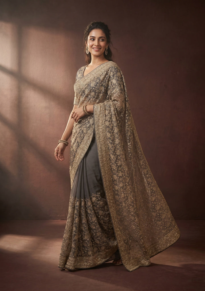 Grey Zariwork (Gold) Tissue Saree