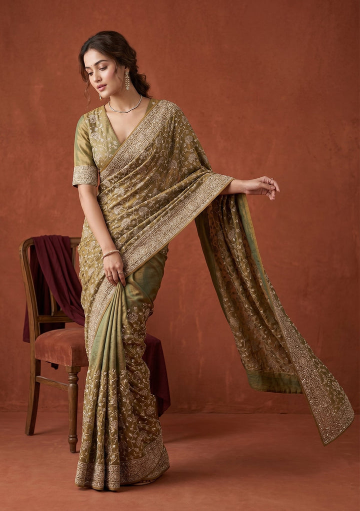 Pista Green Zariwork (Gold) Tissue Saree