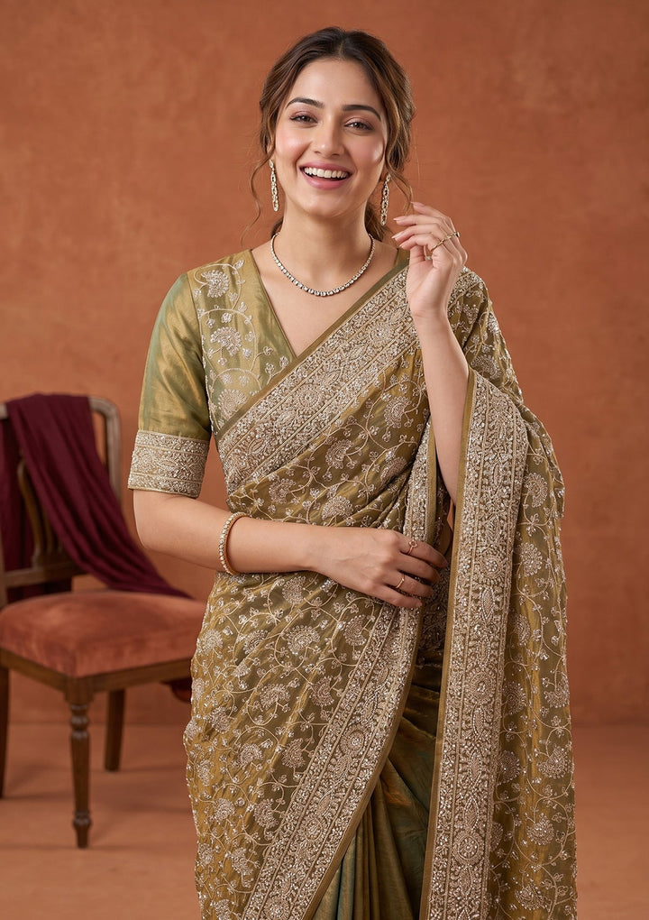 Pista Green Zariwork (Gold) Tissue Saree
