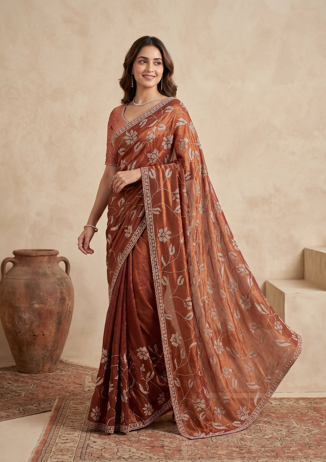 Rust Stonework (Gold) Tissue Saree