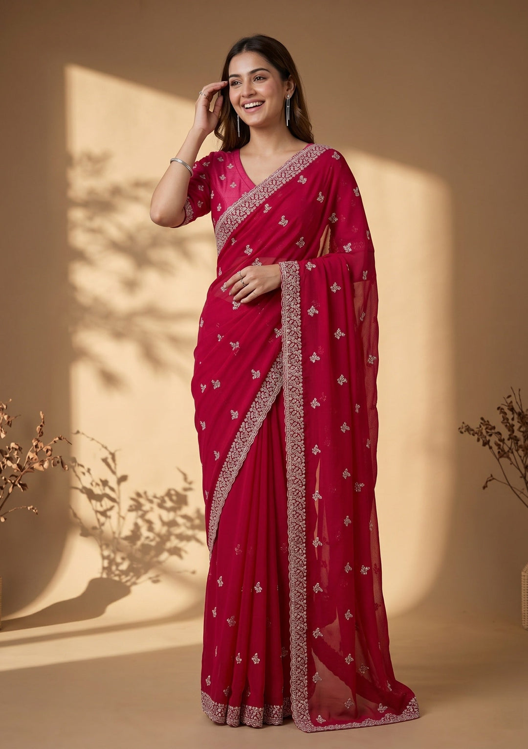 Rani Pink Zariwork (Gold) Georgette Saree
