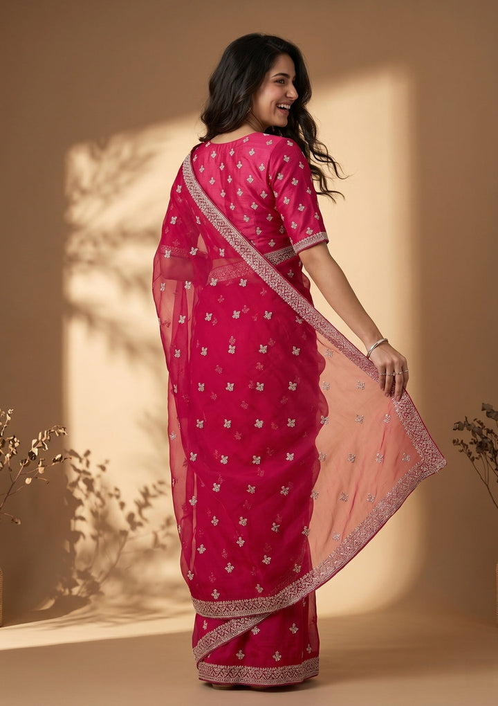 Rani Pink Zariwork (Gold) Georgette Saree