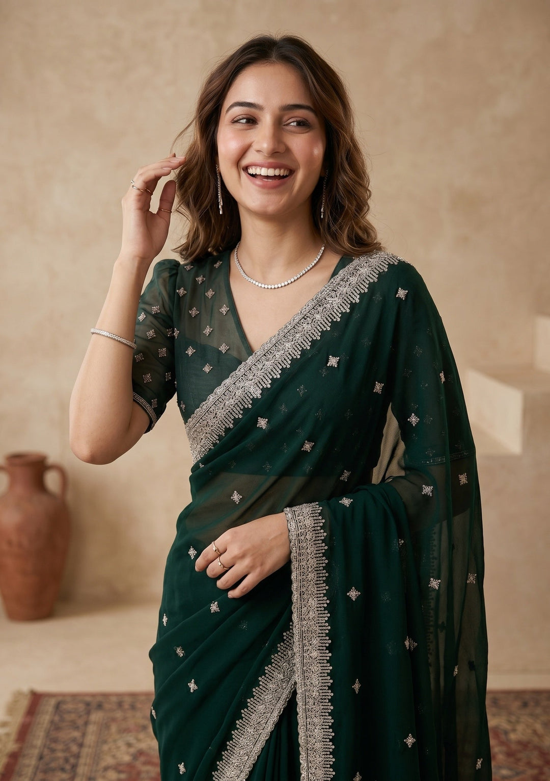 Bottle Green Zariwork (Gold) Georgette Saree