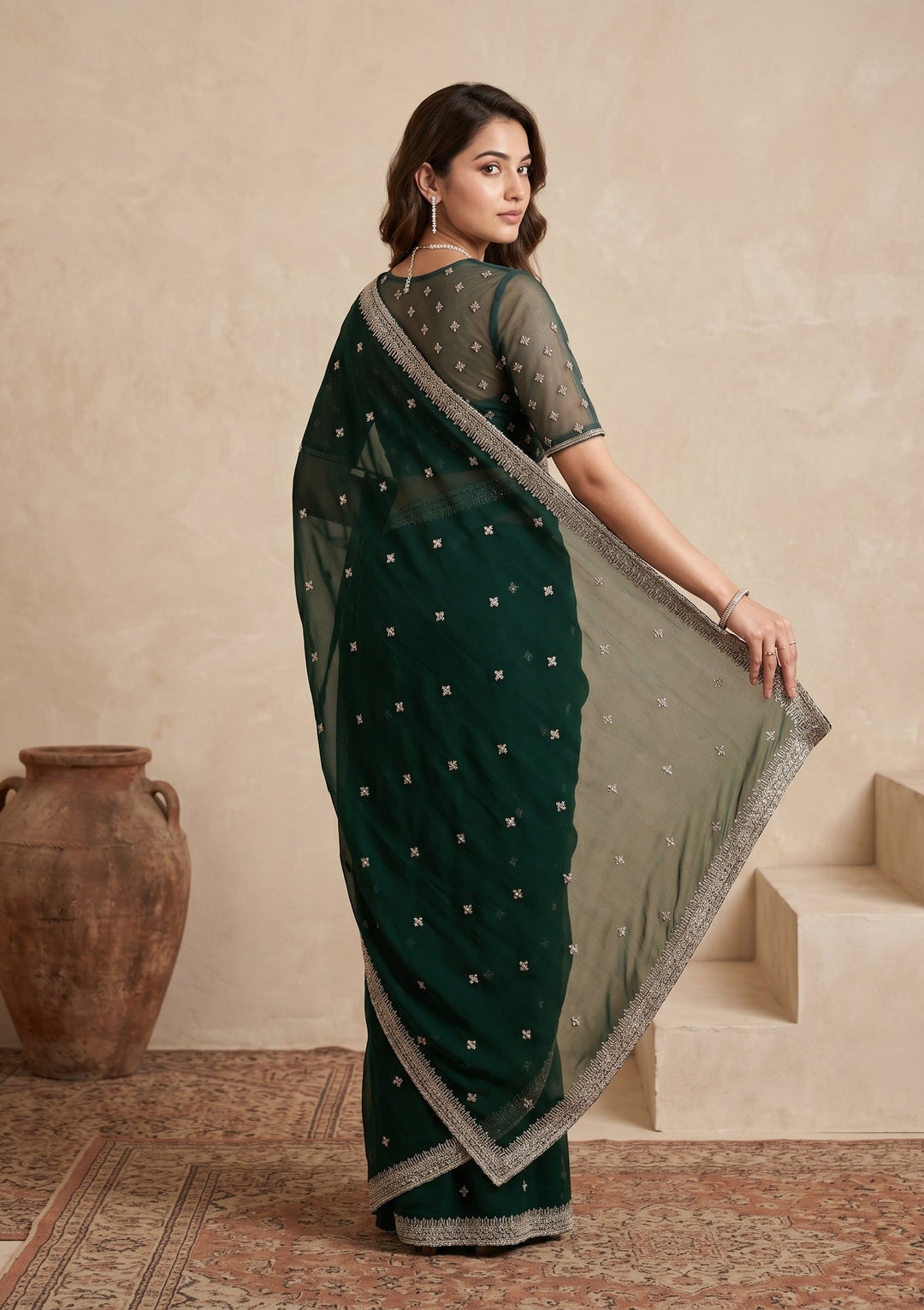 Bottle Green Zariwork (Gold) Georgette Saree