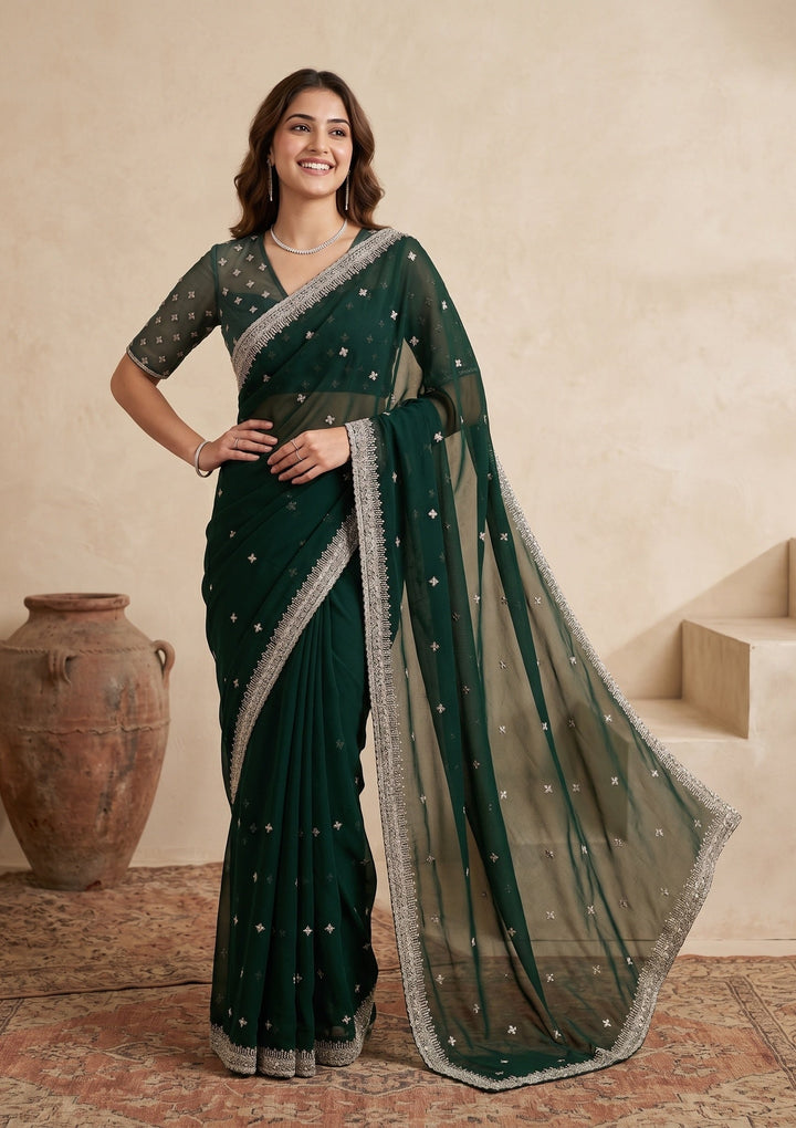 Bottle Green Zariwork (Gold) Georgette Saree