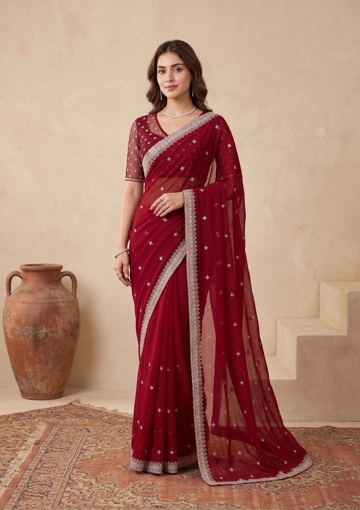 Maroon Zariwork (Gold) Georgette Saree