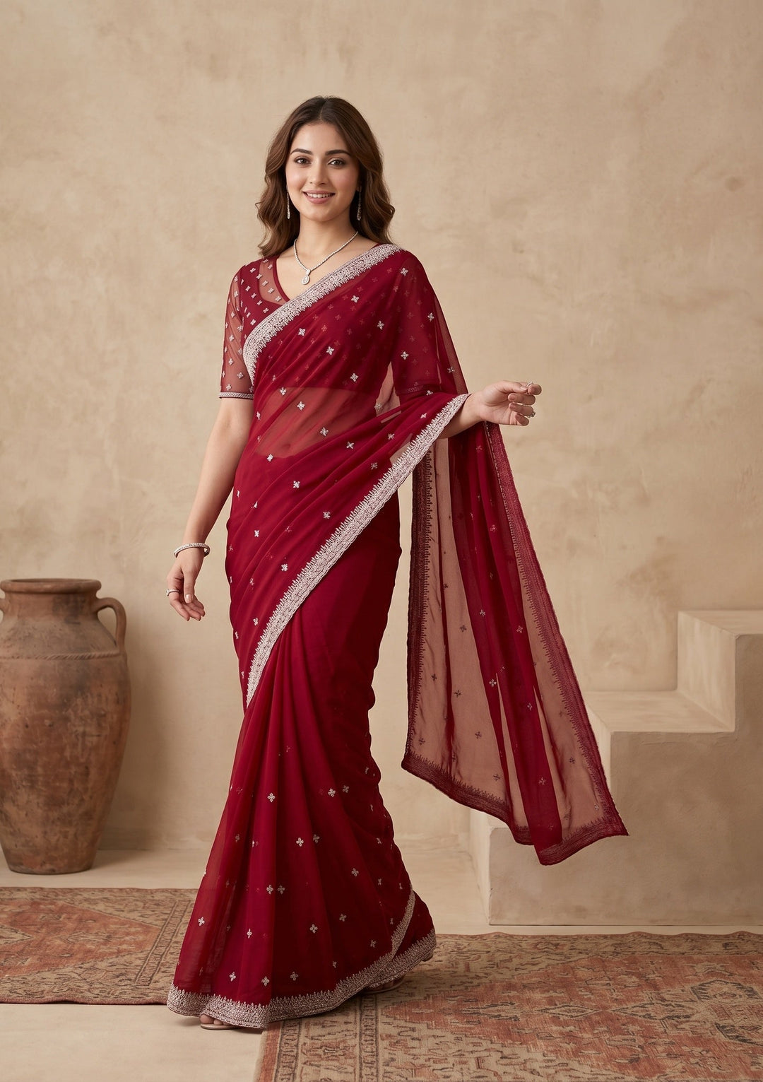 Maroon Zariwork (Gold) Georgette Saree