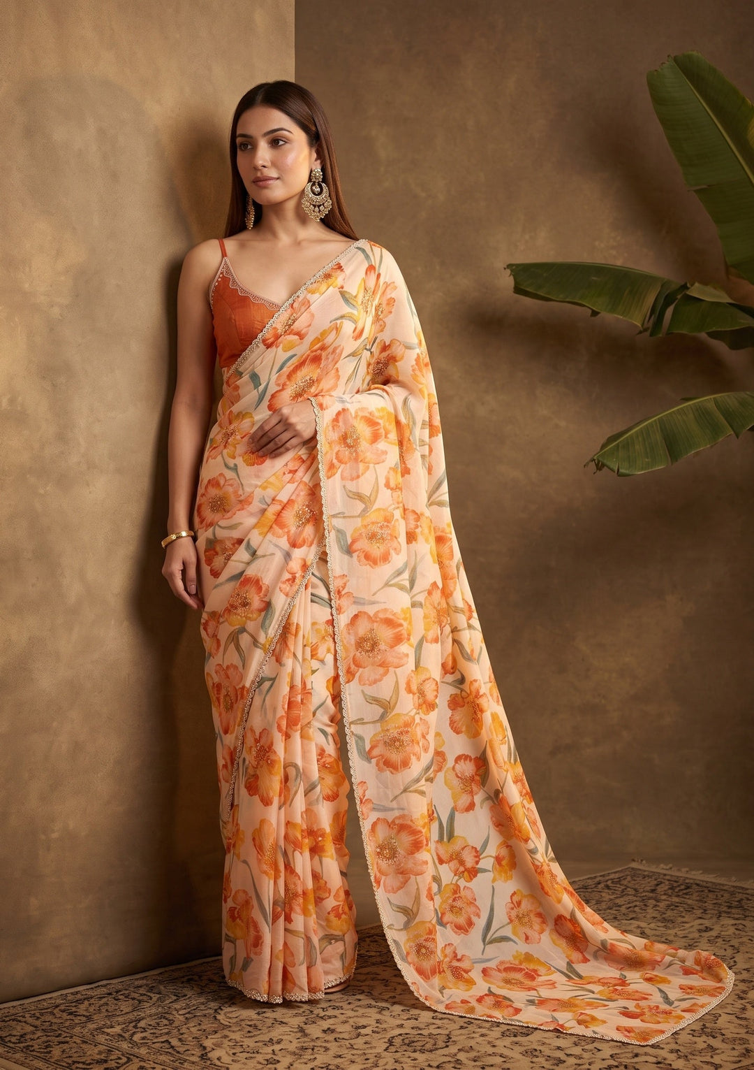 Cream Stonework Tissue Saree