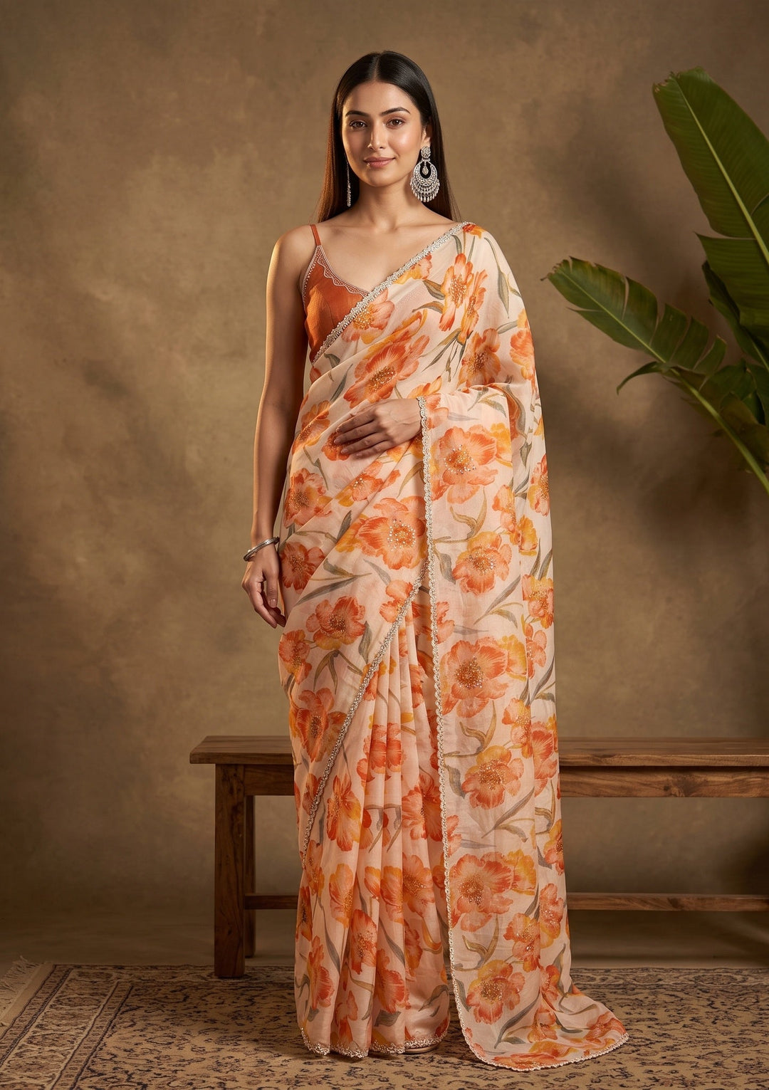 Cream Stonework Tissue Saree