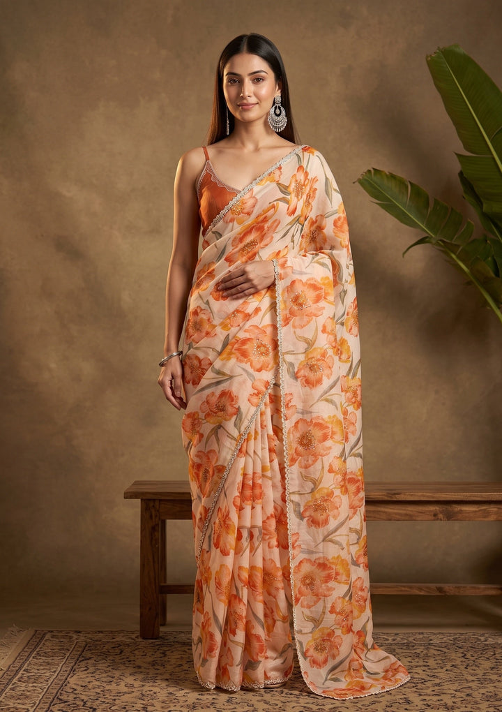 Cream Stonework Tissue Saree