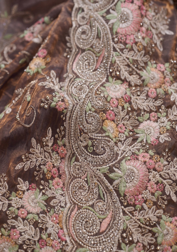 Mehendi Green Threadwork Tissue Saree