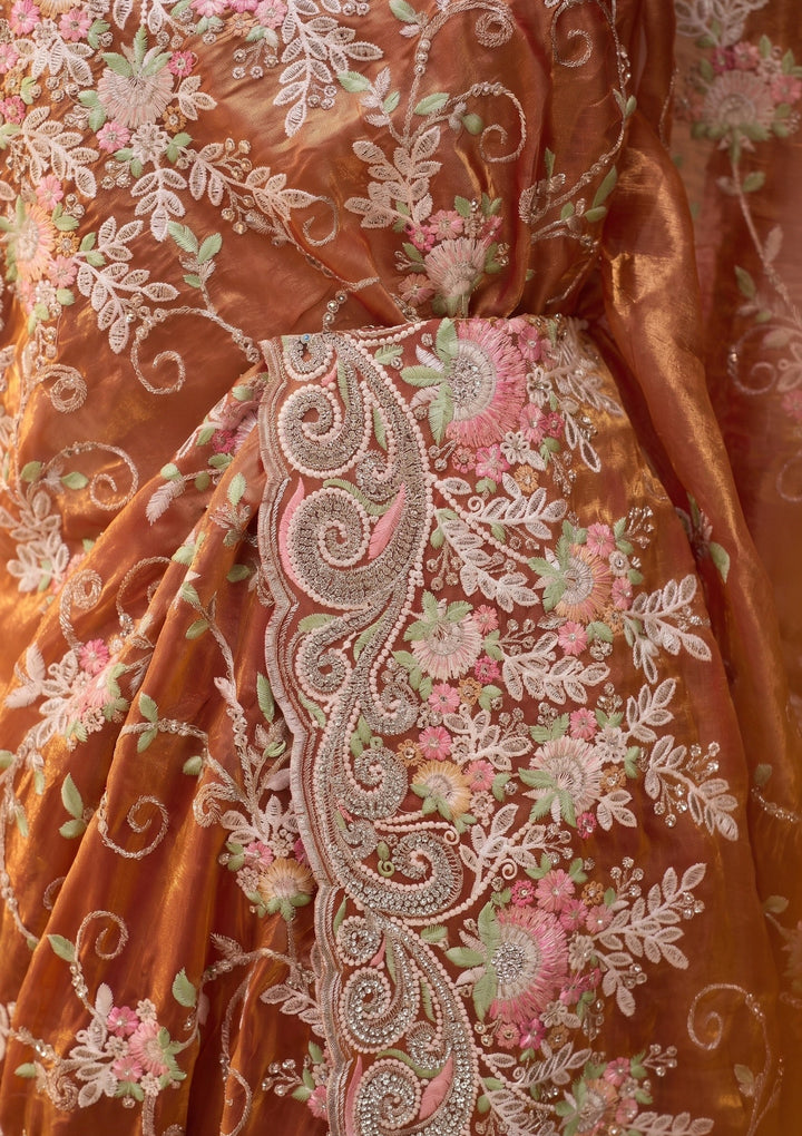 Rust Threadwork Tissue Saree