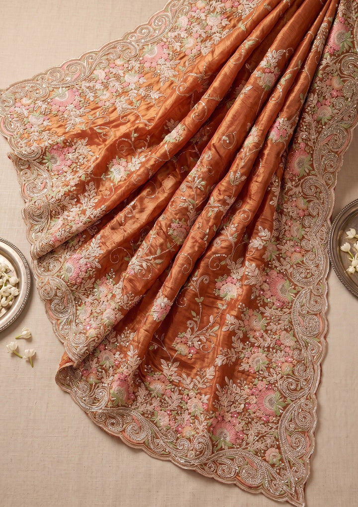 Rust Threadwork Tissue Saree