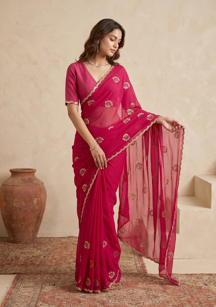 Rani Pink Zariwork (Gold) Chiffon Saree