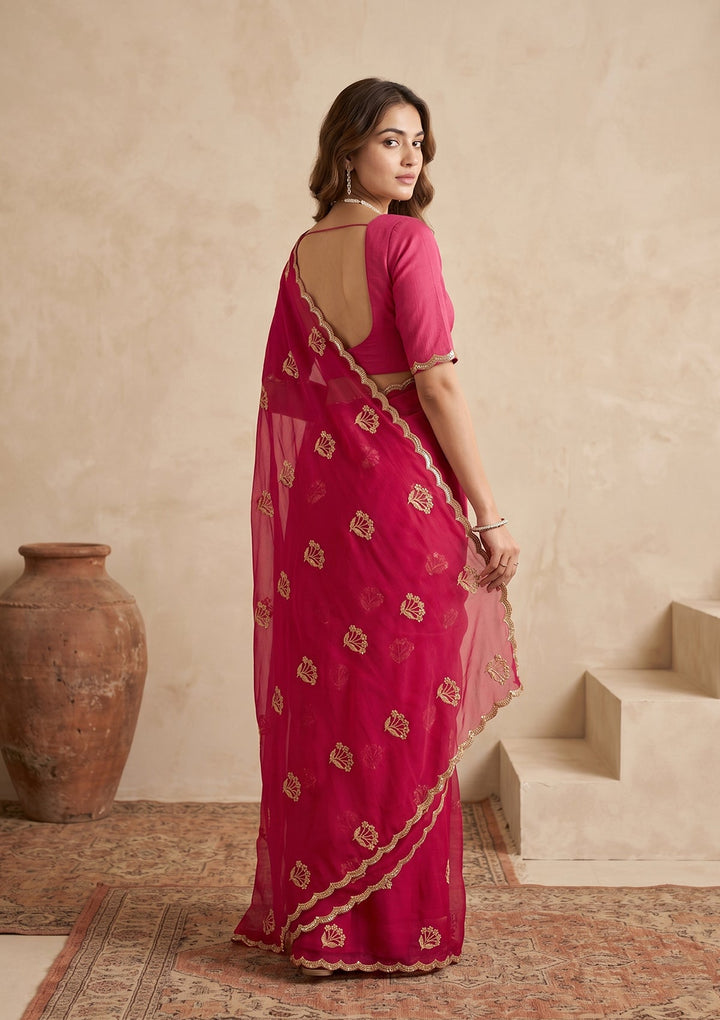 Rani Pink Zariwork (Gold) Chiffon Saree