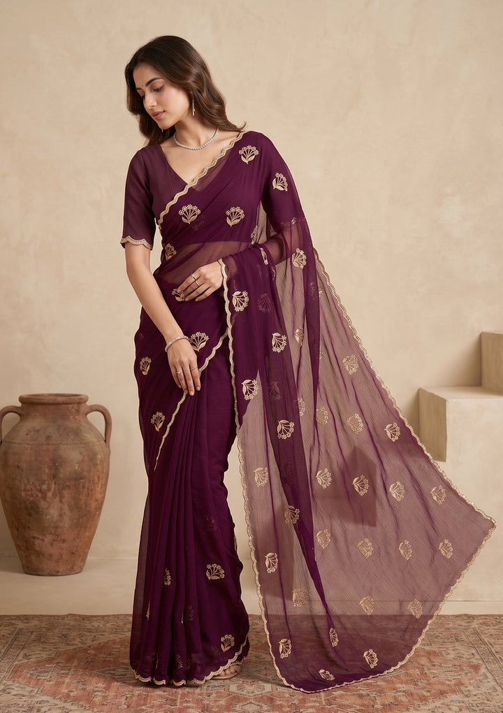 Wine Zariwork (Gold) Chiffon Saree