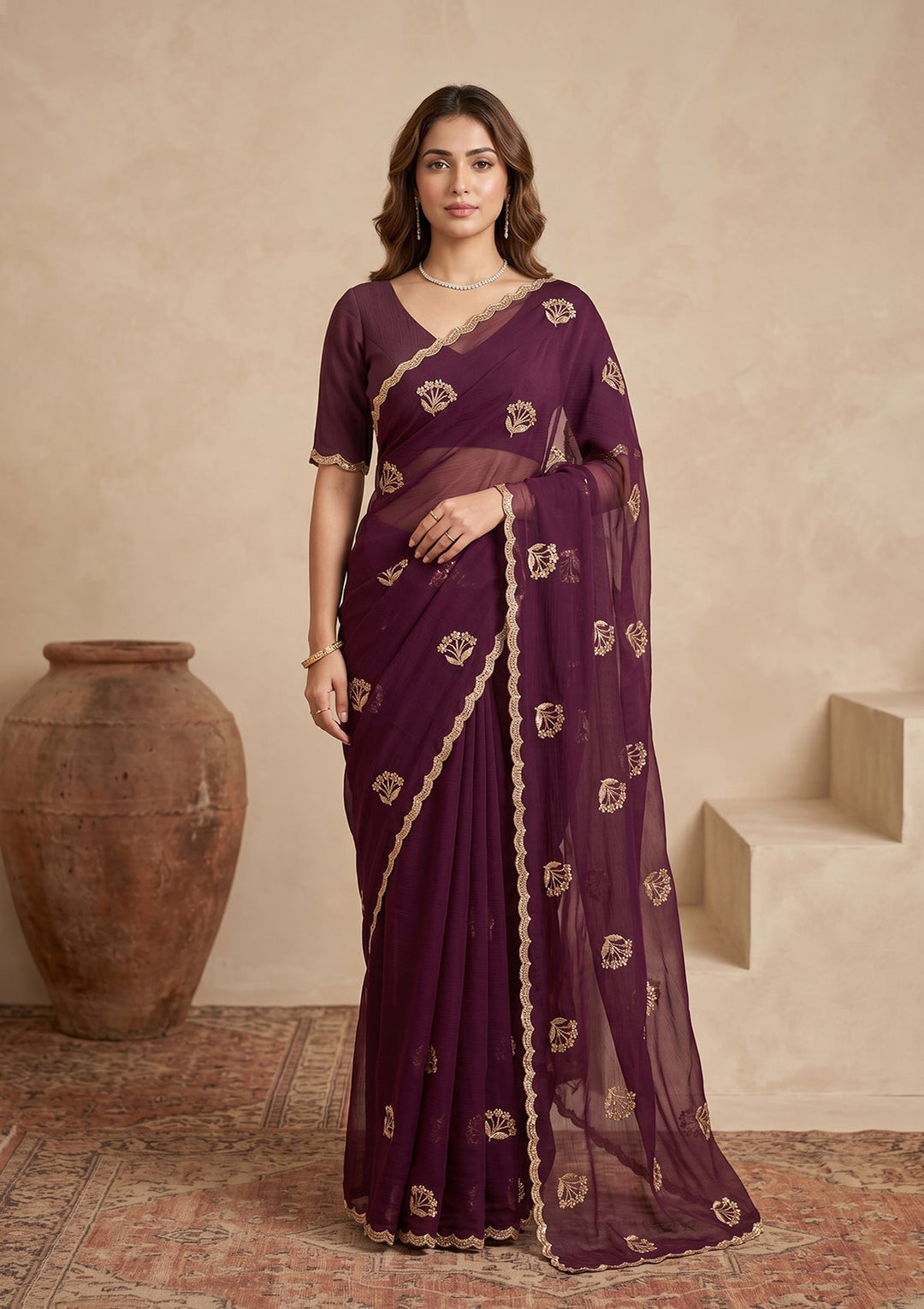 Wine Zariwork (Gold) Chiffon Saree