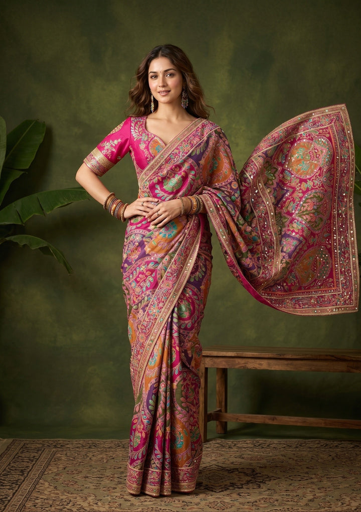 Multi Color Sequins Satin Saree