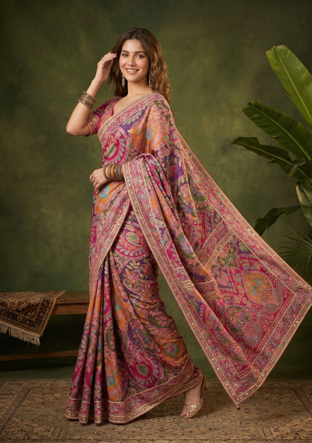 Multi Color Sequins Satin Saree