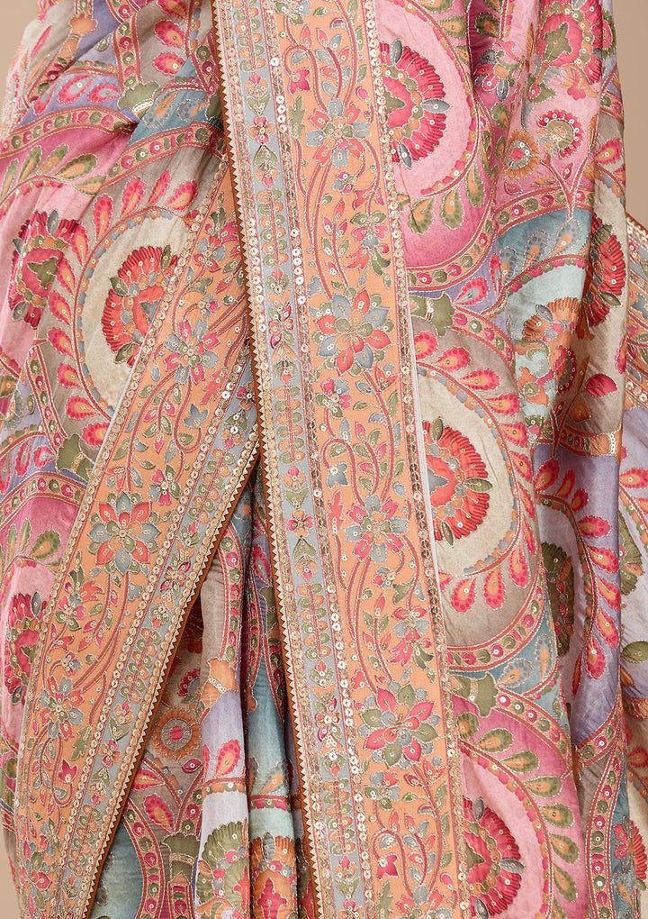 Sky Blue Satin Abstract Geometric Sequins Saree With Matching Blouse Piece