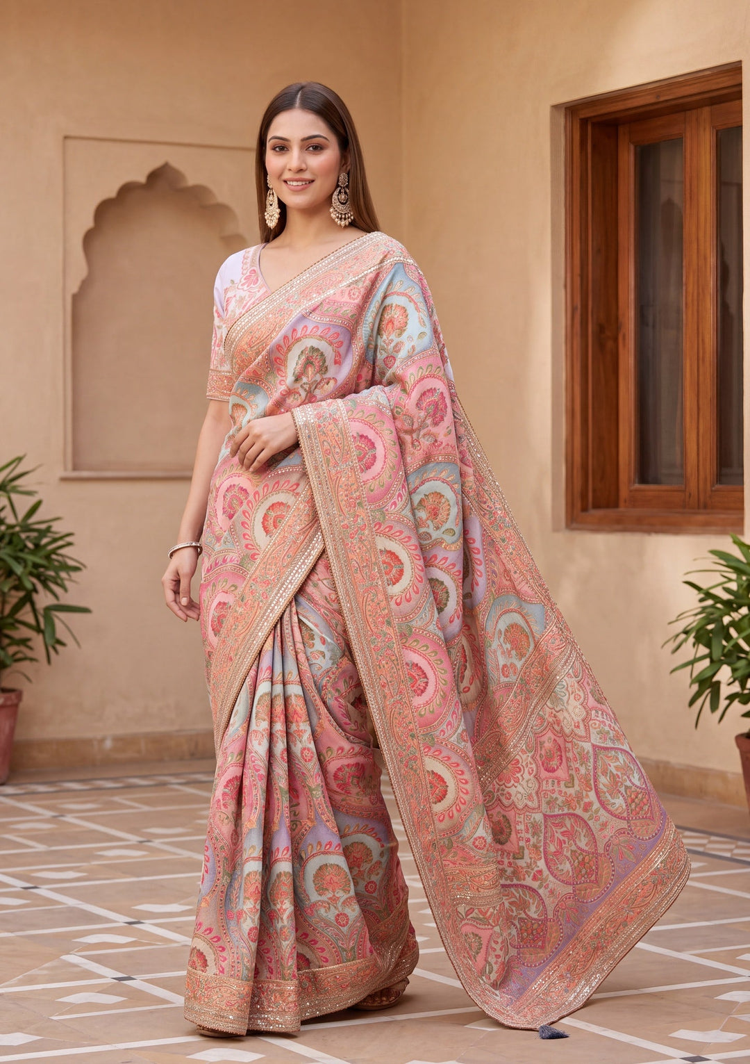 Sky Blue Satin Abstract Geometric Sequins Saree With Matching Blouse Piece