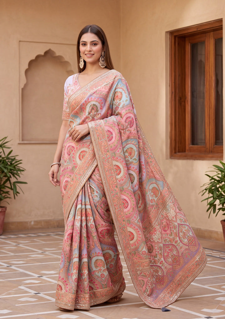 Sky Blue Satin Abstract Geometric Sequins Saree With Matching Blouse Piece