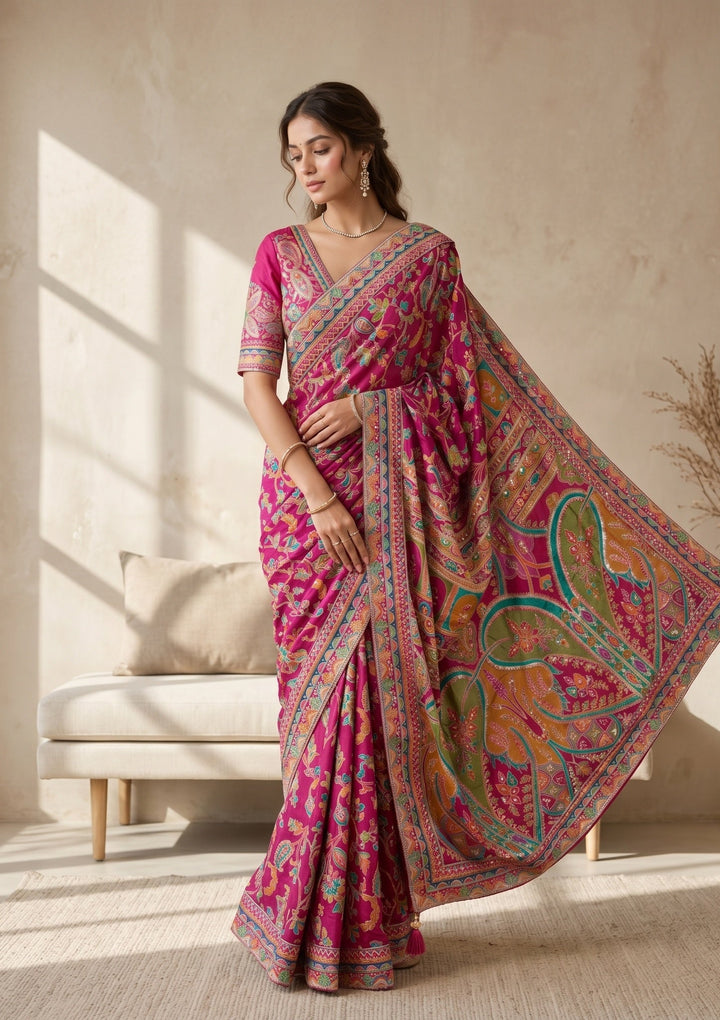 Magenta Pink Sequins Satin Saree