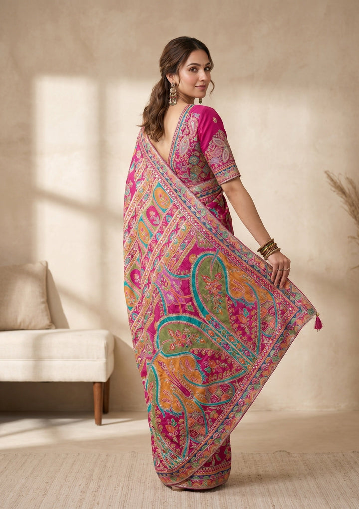 Magenta Pink Sequins Satin Saree