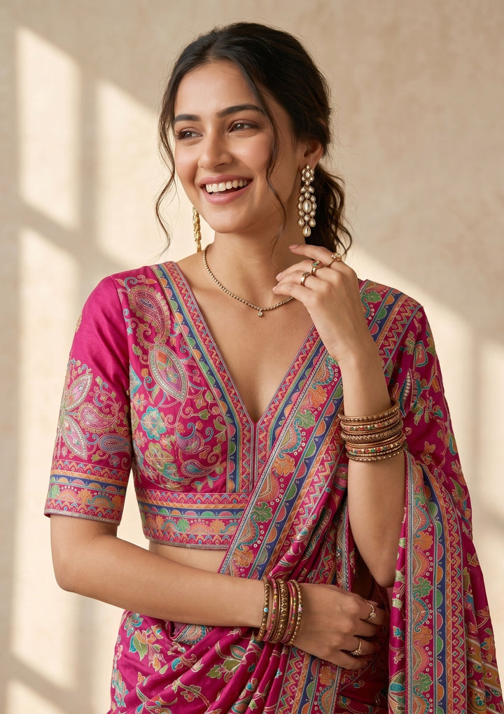 Magenta Pink Sequins Satin Saree