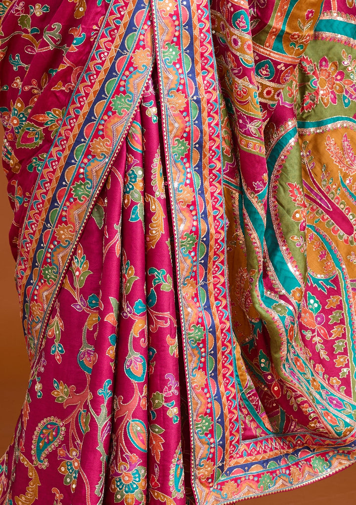 Magenta Pink Sequins Satin Saree