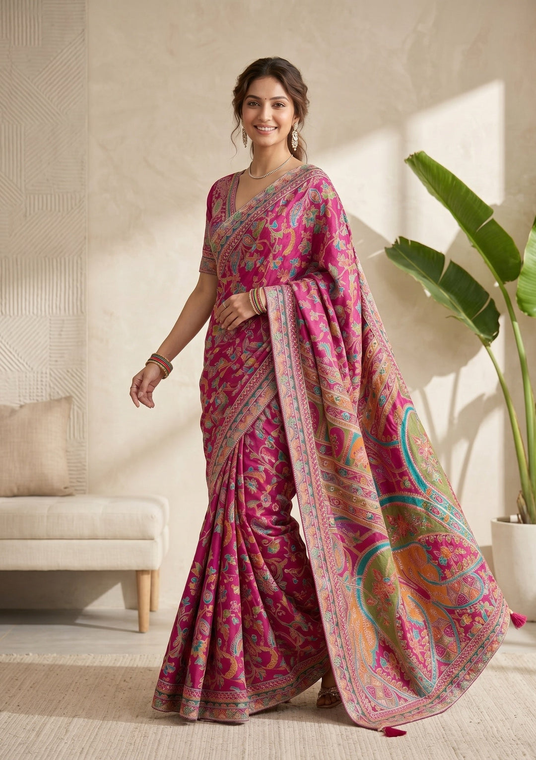 Magenta Pink Sequins Satin Saree