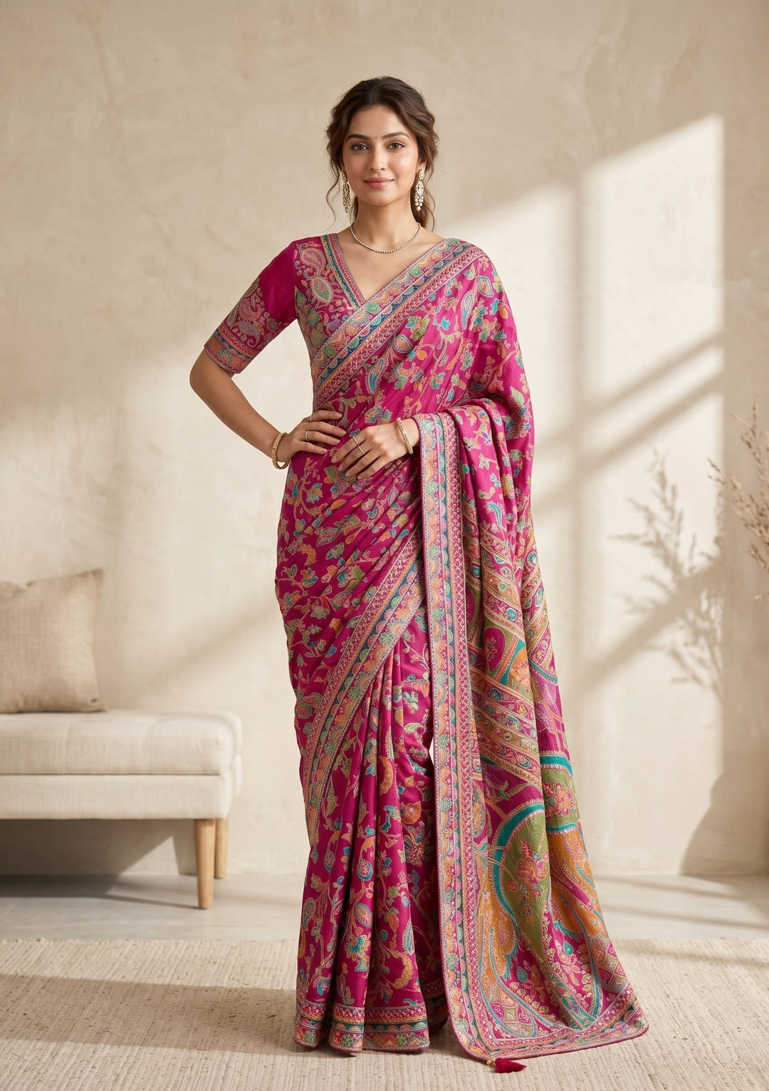 Magenta Pink Sequins Satin Saree
