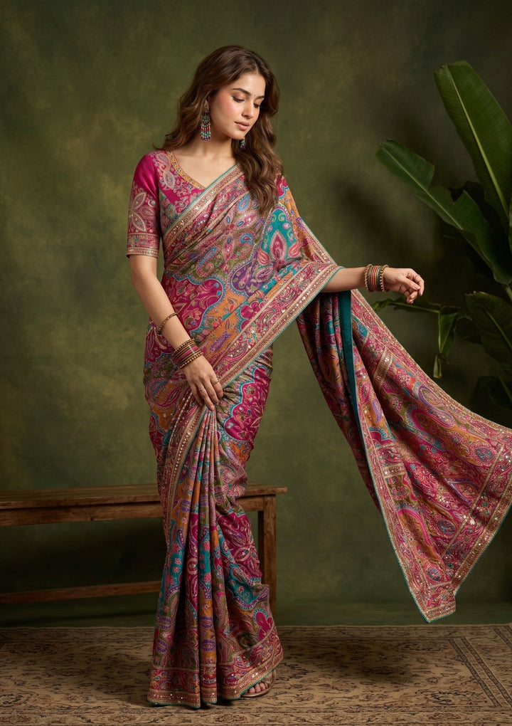 Multi Color Sequins Satin Saree