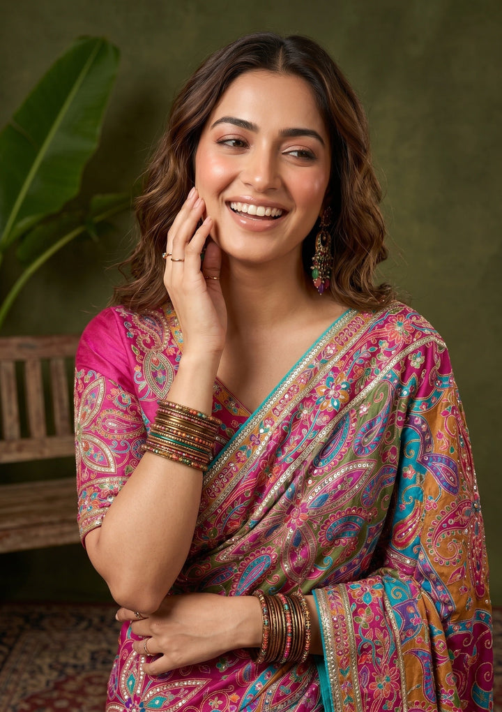 Multi Color Sequins Satin Saree