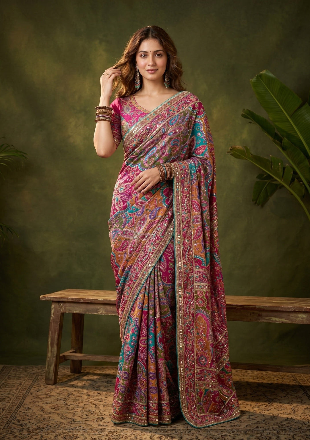 Multi Color Sequins Satin Saree