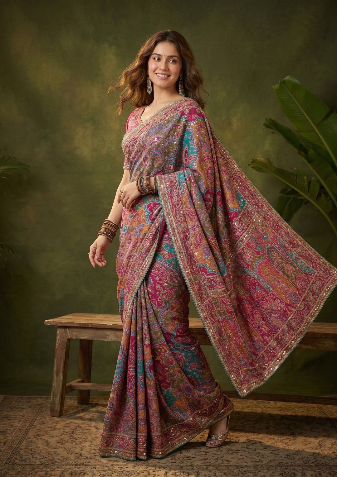 Multi Color Sequins Satin Saree