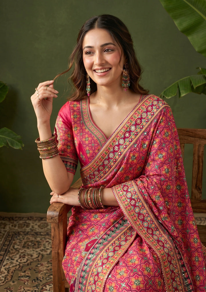 Pink Sequins Satin Saree